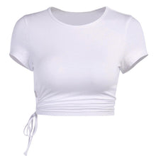 White T shirt Crop Tops Women Summer Short Sleeve Solid Round Neck Short Tee Top Drawstring Slim Fashion Female Shirts