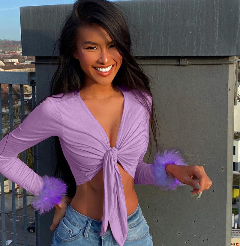 Viifaa Tie Front Fur Cuff Long Sleeve Crop T Shirt Women Clothes 2020 Autumn Winter Pink Tee Tops Sexy Streetwear Fashion Tshirt