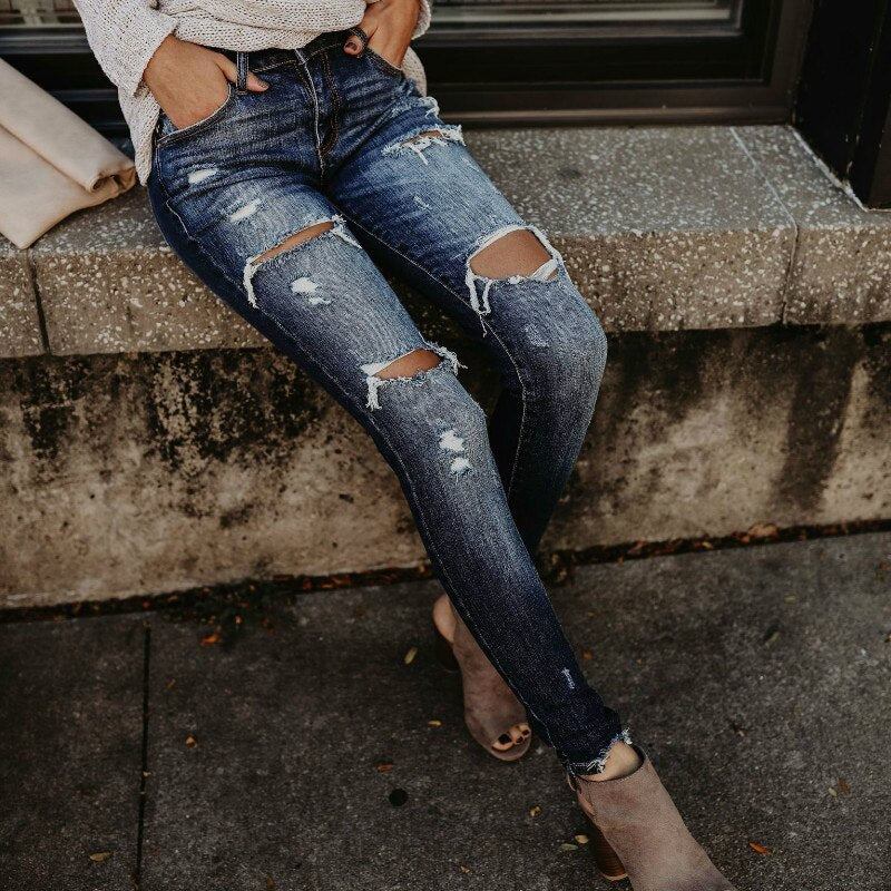 Moto Biker Jeans Women Locomotive Gray Black High Street Skinny Denim Pants Distressed Vintage Slim Ripped Pleated Kot Pantolon