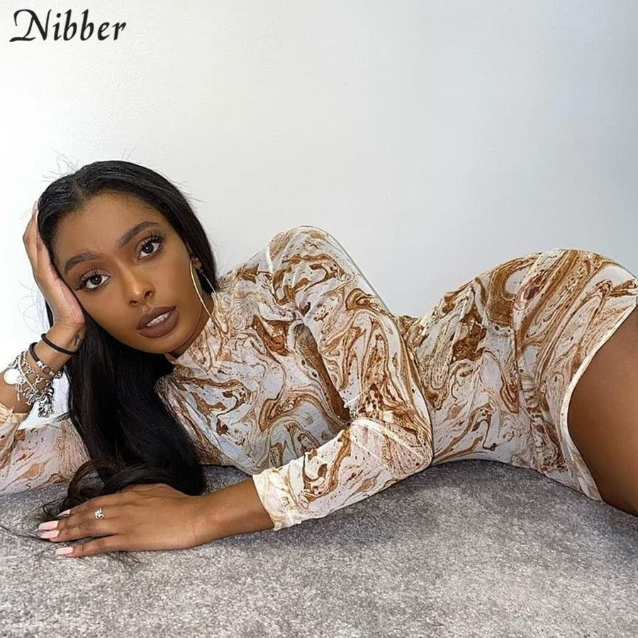 Nibber Retro tribal style printed graphic dress for women street casual wear summer long sleeve mesh bocycon mini dresses female