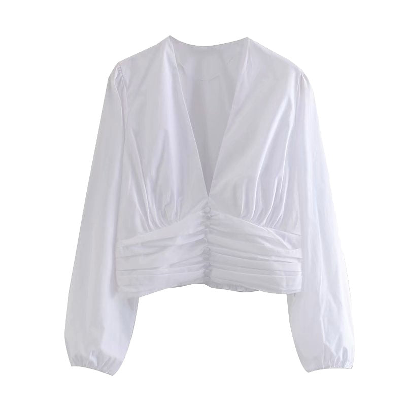 KPYTOMOA Women 2020 Fashion Decorative Buttons Pleated Cropped Blouses Vintage Long Sleeve Side Zipper Female Shirts Chic Tops