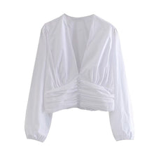 KPYTOMOA Women 2020 Fashion Decorative Buttons Pleated Cropped Blouses Vintage Long Sleeve Side Zipper Female Shirts Chic Tops