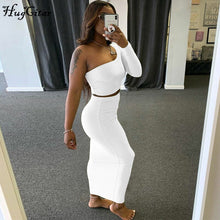 Hugcitar 2020 One-Shoulder Crop Top High Waist Skirt 2 Piece Set Autumn Winter Women Fashion Streetwear Outfits Tracksuit