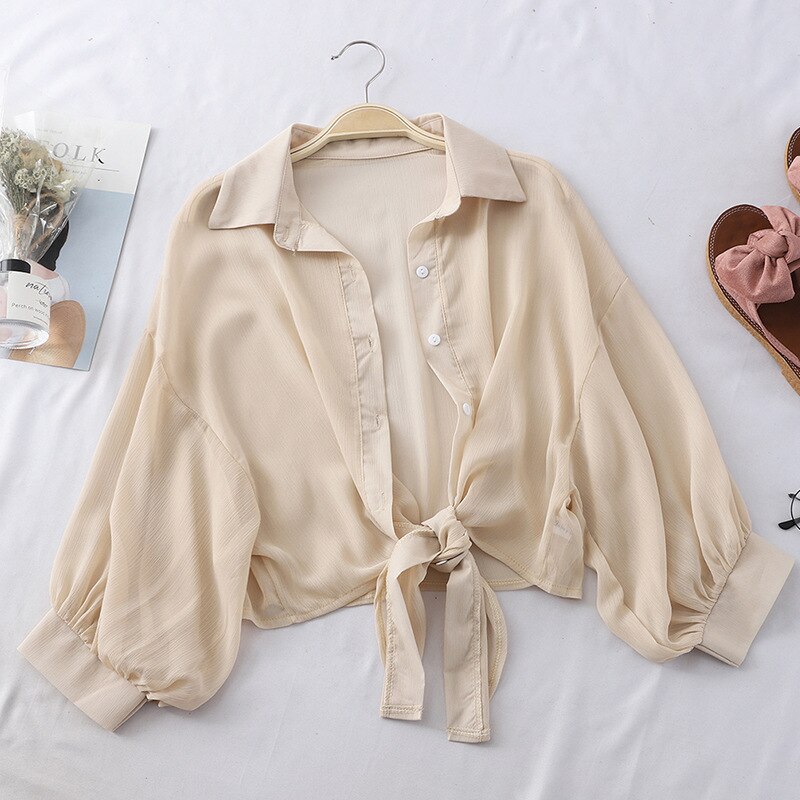 Chiffon Shirts Women 2020 Summer Half Sleeve Buttoned Up Shirt Loose Casual Blouse Tied Waist Elegant Blouses For Women