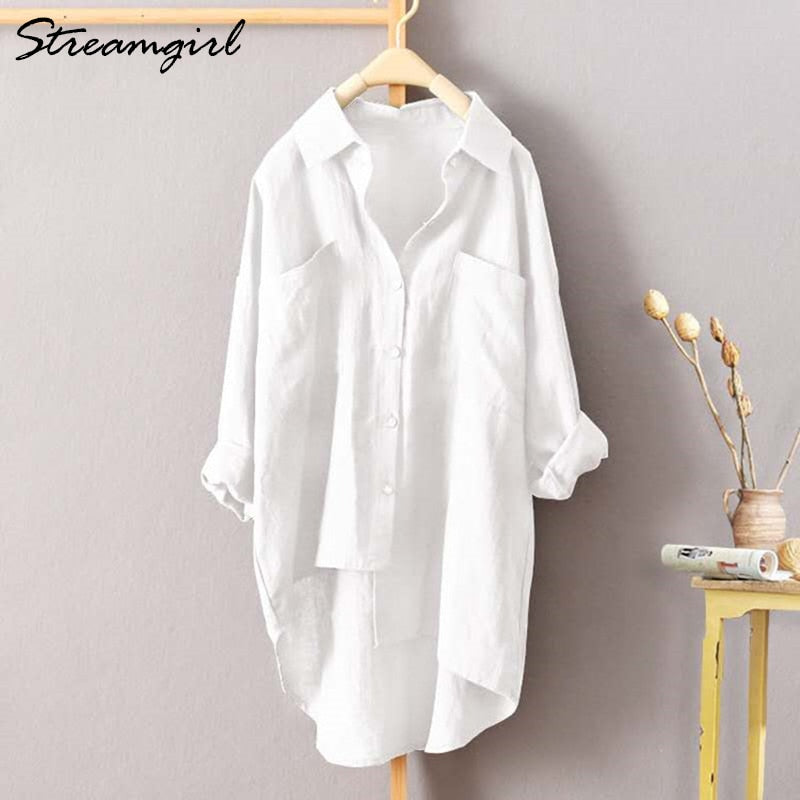 White Linen Shirt Women Long Sleeve Summer Work Wear White Shirt Linen Blouse Female Women's Blouse Women's Shirts With Pocket
