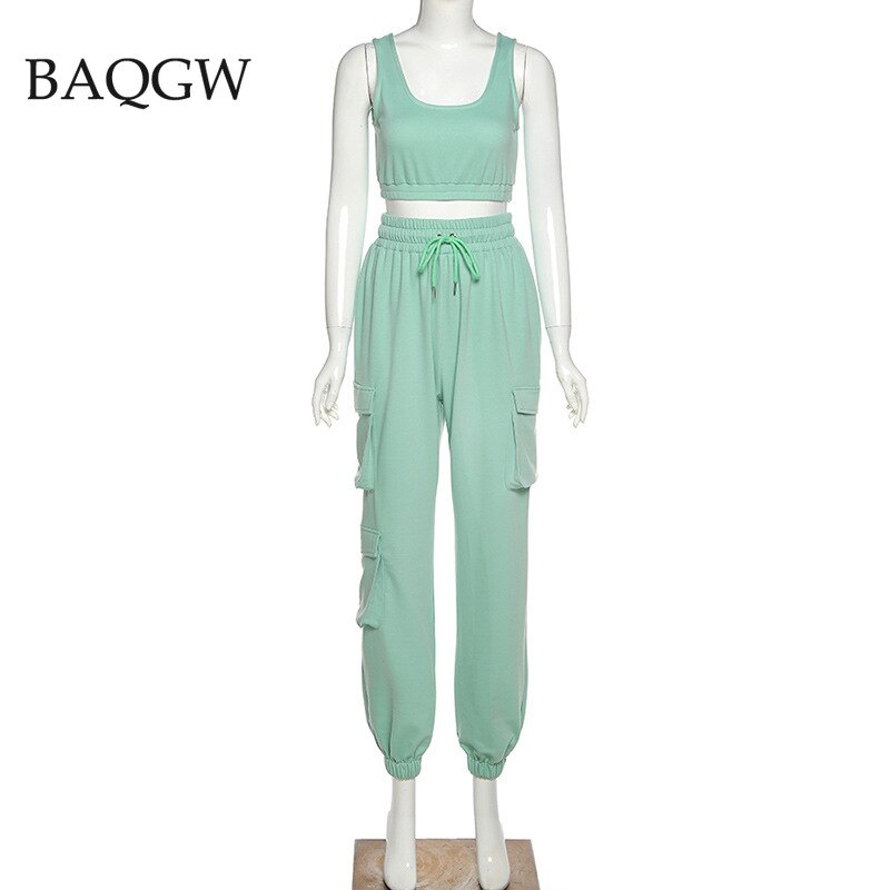 Solid Sports Wear 2 Piece Women Set Summer Casual Crop Top and Pants Set Tracksuit Female Two Piece Set 2020 Autum Clothes Suits