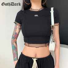 Goth Dark Gothic Hope T-shirts Black Or Blue Ruffles Hem O-neck Bodycon Casaul Women Summer Wear Letter Print Front Crop Tops