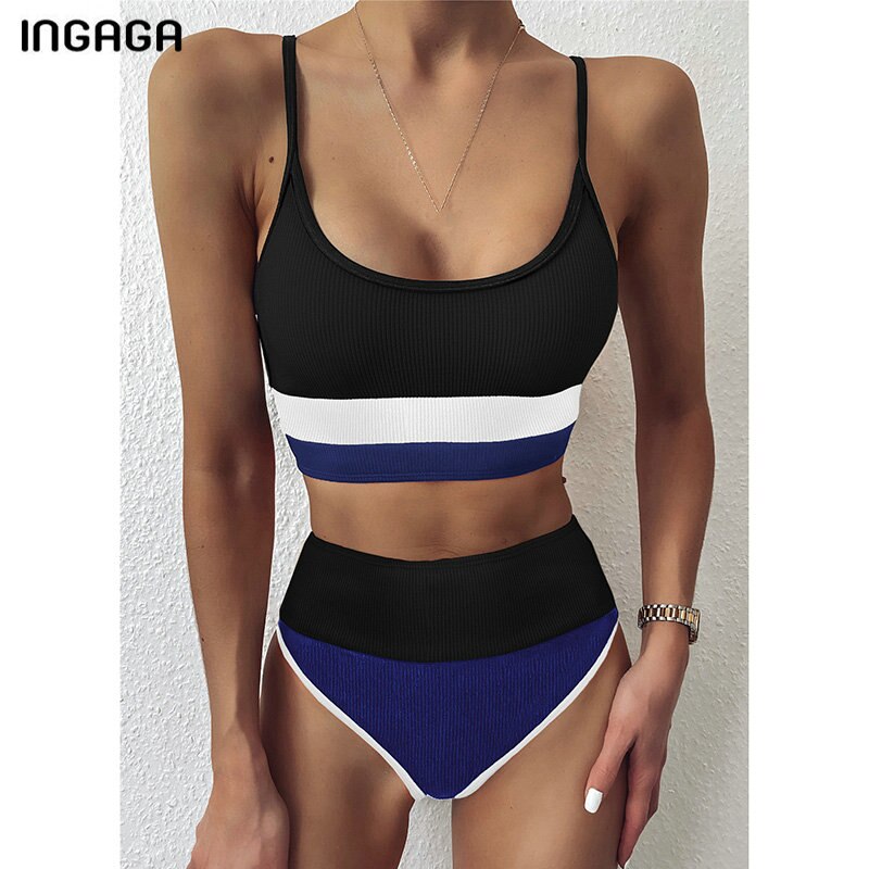INGAGA High Waist Bikinis Swimwear Women Push Up Swimsuits Ribbed Splicing Bikini Set Bathing Suit Women 2021 Biquini Swim Suit
