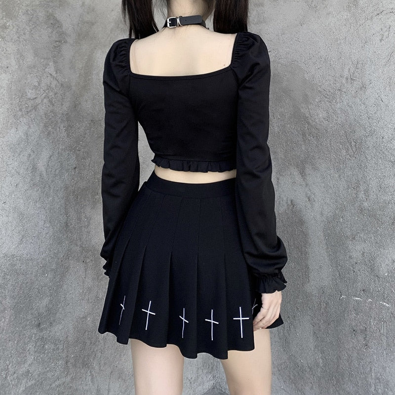 InsGoth Bandage Bodycon Long Sleeve Crop Tops Female Black V-neck Streetwear Punk Slim Tops Autumn Gothic Harajuku Top