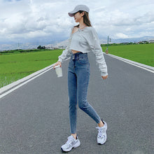 High waist jeans female 2021 new early autumn Korean version of the high waist slime stretch nine points big bag Pants - Alibaba