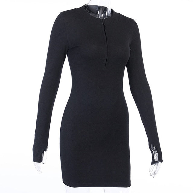 Ladies Elegant Solid Party Dress Women Casual Half-Zip Long Sleeve Rib Bodycon Dress Winter Spring Slim Mini Dresses Knitwear