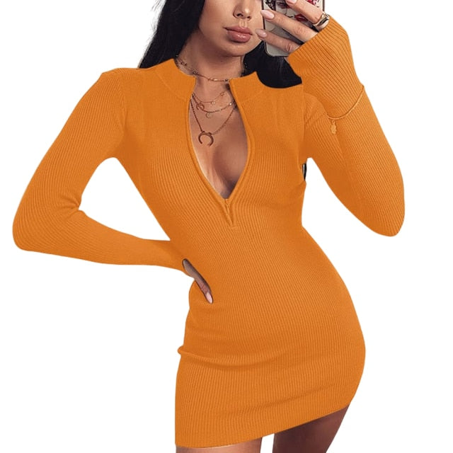 Ladies Elegant Solid Party Dress Women Casual Half-Zip Long Sleeve Rib Bodycon Dress Winter Spring Slim Mini Dresses Knitwear