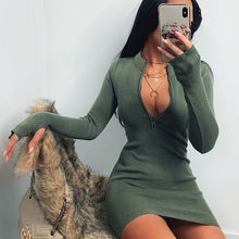 Ladies Elegant Solid Party Dress Women Casual Half-Zip Long Sleeve Rib Bodycon Dress Winter Spring Slim Mini Dresses Knitwear