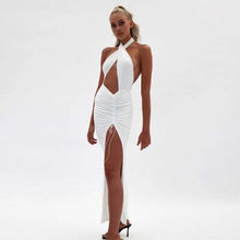 JillPeri Women Sexy Front Cross Halter Backless Maxi Dress Irregular Hollow Out Waist Strappy Ruched Leg Open Gown Party Dress