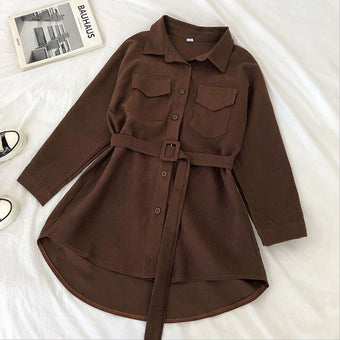 Corduroy Long Sleeve Dress Women Solid Buttons Pockets Turn-down Collar Simple Elegant Sashes All-match Womens Vintage Harajuku