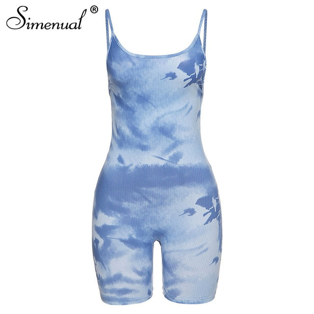 Simenual Ribbed Tie Dye Skinny Women Bodycon Rompers Strap Sleeveless Fashion Workout Biker Shorts Playsuits Skinny Active Wear