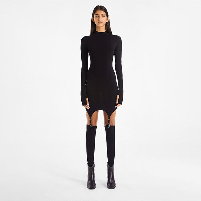 Simenual Solid Bodycon Garter Women Mini Dress with Stocking Long Sleeve Sexy Clubwear Skinny Party Dresses Autumn 2020 Hot Slim