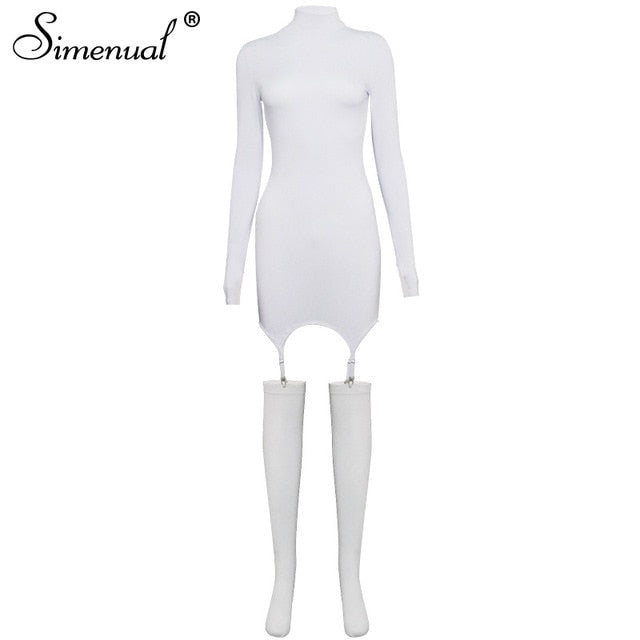 Simenual Solid Bodycon Garter Women Mini Dress with Stocking Long Sleeve Sexy Clubwear Skinny Party Dresses Autumn 2020 Hot Slim