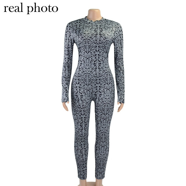 Simenual Zipper Printed Sporty Fitness Bodystocking Women Long Sleeve 2020 Autumn Winter Bodycon Rompers Jumpsuits Active Wear