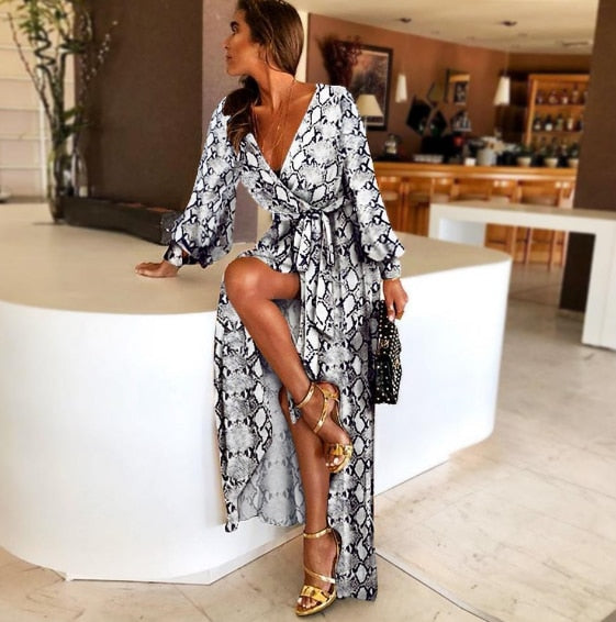 Women Retro Dresses Bohemian Floral Print Gold Color Deep V Neck Womens Maxi Dress Sexy Paisley Female Party Dress Robe Clubwear