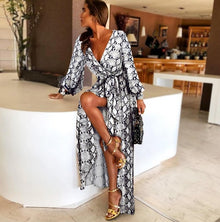 Women Retro Dresses Bohemian Floral Print Gold Color Deep V Neck Womens Maxi Dress Sexy Paisley Female Party Dress Robe Clubwear